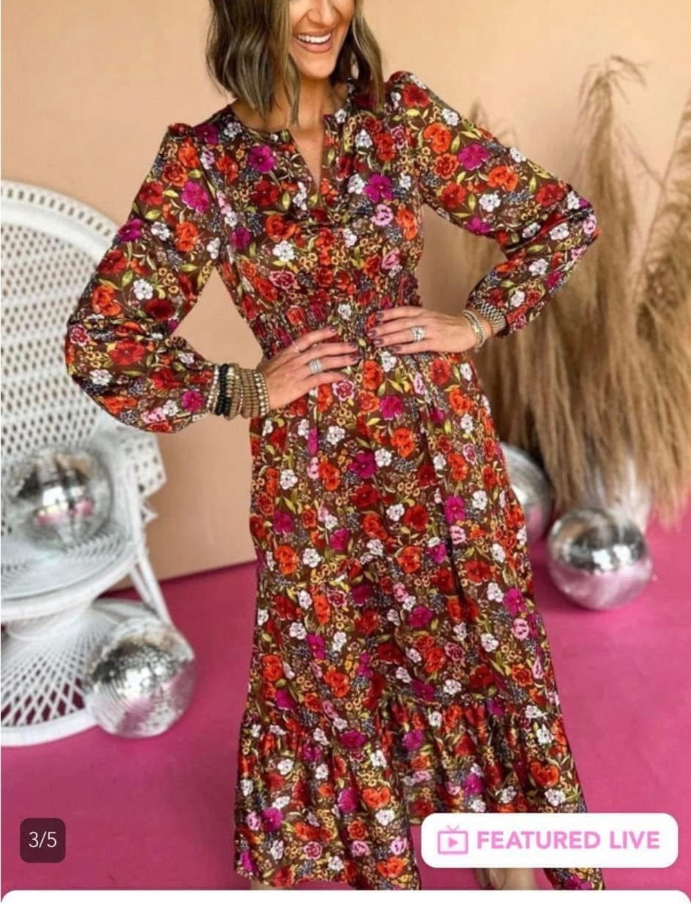 SSYS Floral Long Sleeve Midi Dress in Brown, Pink, Red medium